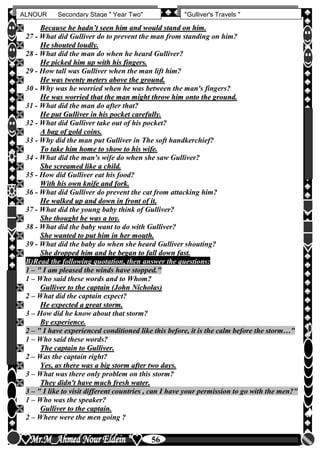 hfhfh
56
ALNOUR Secondary Stage " Year Two" "Gulliver's Travels "
 BBeeccaauussee hhee hhaaddnn’’tt sseeeenn hhiimm aanndd wwoouulldd ssttaanndd oonn hhiimm..
27 - What did Gulliver do to prevent the man from standing on him?
 HHee sshhoouutteedd lloouuddllyy..
28 - What did the man do when he heard Gulliver?
 HHee ppiicckkeedd hhiimm uupp wwiitthh hhiiss ffiinnggeerrss..
29 - How tall was Gulliver when the man lift him?
 HHee wwaass ttwweennttyy mmeetteerrss aabboovvee tthhee ggrroouunndd..
30 - Why was he worried when he was between the man's fingers?
 HHee wwaass wwoorrrriieedd tthhaatt tthhee mmaann mmiigghhtt tthhrrooww hhiimm oonnttoo tthhee ggrroouunndd..
31 - What did the man do after that?
 HHee ppuutt GGuulllliivveerr iinn hhiiss ppoocckkeett ccaarreeffuullllyy..
32 - What did Gulliver take out of his pocket?
 AA bbaagg ooff ggoolldd ccooiinnss..
33 - Why did the man put Gulliver in The soft handkerchief?
 TToo ttaakkee hhiimm hhoommee ttoo sshhooww ttoo hhiiss wwiiffee..
34 - What did the man's wife do when she saw Gulliver?
 SShhee ssccrreeaammeedd lliikkee aa cchhiilldd..
35 - How did Gulliver eat his food?
 WWiitthh hhiiss oowwnn kknniiffee aanndd ffoorrkk..
36 - What did Gulliver do prevent the cat from attacking him?
 HHee wwaallkkeedd uupp aanndd ddoowwnn iinn ffrroonntt ooff iitt..
37 - What did the young baby think of Gulliver?
 SShhee tthhoouugghhtt hhee wwaass aa ttooyy..
38 - What did the baby want to do with Gulliver?
 SShhee wwaanntteedd ttoo ppuutt hhiimm iinn hheerr mmoouutthh..
39 - What did the baby do when she heard Gulliver shouting?
 SShhee ddrrooppppeedd hhiimm aanndd hhee bbeeggaann ttoo ffaallll ddoowwnn ffaasstt..
B)Read the following quotation, then answer the questions:
1 – " I am pleased the winds have stopped."
1 – Who said these words and to Whom?
 GGuulllliivveerr ttoo tthhee ccaappttaaiinn ((JJoohhnn NNiicchhoollaass))
2 – What did the captain expect?
 HHee eexxppeecctteedd aa ggrreeaatt ssttoorrmm..
3 – How did he know about that storm?
 BByy eexxppeerriieennccee..
2 – " I have experienced conditioned like this before, it is the calm before the storm…"
1 – Who said these words?
 TThhee ccaappttaaiinn ttoo GGuulllliivveerr..
2 – Was the captain right?
 YYeess,, aass tthheerree wwaass aa bbiigg ssttoorrmm aafftteerr ttwwoo ddaayyss..
3 – What was there only problem on this storm?
 TThheeyy ddiiddnn''tt hhaavvee mmuucchh ffrreesshh wwaatteerr..
3 – " I like to visit different countries , can I have your permission to go with the men?"
1 – Who was the speaker?
 GGuulllliivveerr ttoo tthhee ccaappttaaiinn..
2 – Where were the men going ?
 