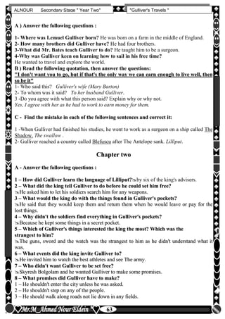 hfhfh
63
ALNOUR Secondary Stage " Year Two" "Gulliver's Travels "
AA )) AAnnsswweerr tthhee ffoolllloowwiinngg qquueessttiioonnss ::
1- Where was Lemuel Gulliver born? He was born on a farm in the middle of England.
2- How many brothers did Gulliver have? He had four brothers.
3-What did Mr. Bates teach Gulliver to do? He taught him to be a surgeon.
4-Why was Gulliver keen on learning how to sail in his free time?
He wanted to travel and explore the world.
BB )) RReeaadd tthhee ffoolllloowwiinngg qquuoottaattiioonn,, tthheenn aannsswweerr tthhee qquueessttiioonnss::
""II ddoonn''tt wwaanntt yyoouu ttoo ggoo,, bbuutt iiff tthhaatt''ss tthhee oonnllyy wwaayy wwee ccaann eeaarrnn eennoouugghh ttoo lliivvee wweellll,, tthheenn
ssoo bbee iitt""
1- Who said this? Gulliver's wife (Mary Barton)
2- To whom was it said? To her husband Gulliver.
3 -Do you agree with what this person said? Explain why or why not.
Yes, I agree with her as he had to work to earn money for them.
CC -- FFiinndd tthhee mmiissttaakkee iinn eeaacchh ooff tthhee ffoolllloowwiinngg sseenntteenncceess aanndd ccoorrrreecctt iitt::
1 -When Gulliver had finished his studies, he went to work as a surgeon on a ship called The
Shadow. The swallow .
2- Gulliver reached a country called Blefuscu after The Antelope sank. Lilliput.
CChhaapptteerr ttwwoo
AA -- AAnnsswweerr tthhee ffoolllloowwiinngg qquueessttiioonnss ::
11 –– HHooww ddiidd GGuulllliivveerr lleeaarrnn tthhee llaanngguuaaggee ooff LLiilllliippuutt??by six of the king's advisers.
22 –– WWhhaatt ddiidd tthhee kkiinngg tteellll GGuulllliivveerr ttoo ddoo bbeeffoorree hhee ccoouulldd sseett hhiimm ffrreeee??
HHee aasskkeedd hhiimm ttoo lleett hhiiss ssoollddiieerrss sseeaarrcchh hhiimm ffoorr aannyy wweeaappoonnss..
33 –– WWhhaatt wwoouulldd tthhee kkiinngg ddoo wwiitthh tthhee tthhiinnggss ffoouunndd iinn GGuulllliivveerr''ss ppoocckkeettss??
HHee ssaaiidd tthhaatt tthheeyy wwoouulldd kkeeeepp tthheemm aanndd rreettuurrnn tthheemm wwhheenn hhee wwoouulldd lleeaavvee oorr ppaayy ffoorr tthhee
lloosstt tthhiinnggss..
44 –– WWhhyy ddiiddnn''tt tthhee ssoollddiieerrss ffiinndd eevveerryytthhiinngg iinn GGuulllliivveerr''ss ppoocckkeettss??
BBeeccaauussee hhee kkeepptt ssoommee tthhiinnggss iinn aa sseeccrreett ppoocckkeett..
55 –– WWhhiicchh ooff GGuulllliivveerr''ss tthhiinnggss iinntteerreesstteedd tthhee kkiinngg tthhee mmoosstt?? WWhhiicchh wwaass tthhee
ssttrraannggeesstt ttoo hhiimm??
TThhee gguunnss,, sswwoorrdd aanndd tthhee wwaattcchh wwaass tthhee ssttrraannggeesstt ttoo hhiimm aass hhee ddiiddnn''tt uunnddeerrssttaanndd wwhhaatt iitt
wwaass..
66 –– WWhhaatt eevveennttss ddiidd tthhee kkiinngg iinnvviittee GGuulllliivveerr ttoo??
HHee iinnvviitteedd hhiimm ttoo wwaattcchh tthhee bbeesstt aatthhlleetteess aanndd sseeee TThhee aarrmmyy..
77 –– WWhhoo ddiiddnn''tt wwaanntt GGuulllliivveerr ttoo bbee sseett ffrreeee??
SSkkyyrreesshh BBoollggoollaamm aanndd hhee wwaanntteedd GGuulllliivveerr ttoo mmaakkee ssoommee pprroommiisseess..
88 –– WWhhaatt pprroommiisseess ddiidd GGuulllliivveerr hhaavvee ttoo mmaakkee??
11 –– HHee sshhoouullddnn''tt eenntteerr tthhee cciittyy uunnlleessss hhee wwaass aasskkeedd..
22 –– HHee sshhoouullddnn''tt sstteepp oonn aannyy ooff tthhee ppeeooppllee..
33 –– HHee sshhoouulldd wwaallkk aalloonngg rrooaaddss nnoott lliiee ddoowwnn iinn aannyy ffiieellddss..
 