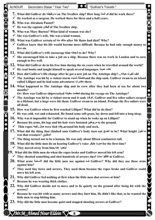 hfhfh
8
ALNOUR Secondary Stage " Year Two" "Gulliver's Travels "
7. What did Gulliver do ‫وظيفته‬ ‫ما‬ on The Swallow ship? How long ‫المدة‬ ‫كم‬ did he work there?
 He worked as a surgeon. He worked there for three and a half years.
8. Who was Abraham Pannel?
 He was the captain ‫قبطان‬ of The Swallow ship.
9. Who was Mary Burton? What kind of woman was she?
 She was Gulliver's wife. She was a kind woman.
10. What was Gulliver certain of ‫منه‬ ‫متأكد‬ after Mr Bates had died? Why?
 Gulliver knew that his life would become more difficult. Because he had only enough money to
live on.
11. What did Gulliver's wife encourage him ‫شجعته‬ to do? Why?
 She encouraged him to take a job on a ship. Because there was no work in London and to earn
enough to live well.
12. What did Gulliver do in his free time during the six years when he travelled around the world?
 He read books and taught himself to speak several languages. ‫عديدة‬ ‫لغات‬
13. How did Gulliver's life change after he got a new job on The Antelope ship? ‫حي‬ ‫تغيرت‬ ‫كيف‬‫اتهأأأأ‬
 The Antelope was hit by a violent storm ‫شلديده‬ ‫عاصفة‬and the ship sank. Gulliver swam to an island
called Lilliput and he had some adventures ‫مغامرات‬ there.
14. What happened to The Antelope ship and its crew after they had been at sea for about two
months?
Or: How was Gulliver shipwrecked ‫سفينته‬ ‫تحطمت‬ during his voyage on The Antelope?
 The Antelope was hit by a violent storm and it sank ‫.غرقلت‬ Gulliver and five other sailors escaped
in a lifeboat, but a huge wave hit them. Gulliver swam to an island. Perhaps the five sailors were
all dead.
15. How was Gulliver when he first reached Lilliput? What did he do then?
 He was cold, wet and exhausted. He found some soft grass, lay down and fell into a long sleep.
16. Why was it impossible for Gulliver to stand up when he woke up on Lilliput?
 Because his arms, his legs and his hair were fastened ‫مربوطين‬ to the ground.
 Thin ropes ‫رفيعه‬ ‫حبال‬ were tied ‫ربطت‬around his body and neck.
17. What did the thing that climbed onto Gulliver's body turn out ‫اتضلح‬ to be? What height ‫طلول‬ ‫ملا‬
was that creature? ‫المخلوق‬
 The thing turned out to be a human. He was only about fifteen centimetres tall.
18. What did the little men do on hearing Gulliver's voice ‫جليفر‬ ‫صوت‬ for the first time?
 They moved away from him.‫عنه‬ ‫ابتعدوا‬
19. What did the little men do when the ropes broke and Gulliver moved his left arm?
 They shouted something and shot hundreds of arrows ‫السهام‬ ‫مئات‬ ‫اطلقوا‬ at Gulliver.
20. What arms ‫األسللحة‬ did the little men use against ‫ضلد‬ Gulliver? Why did they use these arms
against him?
 They used tiny bows and arrows. They used them because the ropes broke and Gulliver could
move his left arm.
21. Why did Gulliver feel nothing at first when the little men shot arrows at him?
 Because he was wearing thick clothes.
22. Why did Gulliver decide not to move and to lie quietly on the ground after being hit with the
arrows?
 Because he was hit with so many arrows and they hurt him. He didn't like that, so he wanted the
little men to stop hitting him.
23. Why did the little men become quiet and stopped shooting arrows at Gulliver?
 