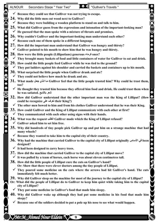 hfhfh
9
ALNOUR Secondary Stage " Year Two" "Gulliver's Travels "
 Because they could see that Gulliver was not trying to escape.
24. Why did the little men cut wood next to Gulliver?
 Because they were building a wooden platform to stand on and talk to him.
25. What did Gulliver guess from the expressions and intonation of the important-looking man?
 He guessed that the man spoke with a mixture of threats and promises.
26. Why couldn't Gulliver and the important-looking man understand each other?
 Because each one of them spoke in a different language.
27. How did the important man understand that Gulliver was hungry and thirsty?
 Gulliver pointed to his mouth to show him that he was hungry and thirsty.
28. How were the little people (Lilliputians) generous ‫كرماء‬ ones?
 They brought many baskets of food and little containers of water for Gulliver to eat and drink.
29. How could the little people feed Gulliver while he was tied to the ground?
 They put ladders against his shoulder and carried the baskets and containers up to his mouth.
30. What surprised the little people when Gulliver drank and ate?
 They could not believe how much he drank and ate.
31. What made ‫جعلل‬ ‫اللذن‬ ‫ملا‬ Gulliver feel that the little people trusted him? Why could he trust them,
too?
 He thought they trusted him because they offered him food and drink. He could trust them when
he was satiated. ‫بالشبع‬ ‫شعر‬
32. How did Gulliver understand that the other important man was the King of Lilliput? (How
could he recognize ‫على‬ ‫تعرف‬ their King?)
 The other men bowed to him and from his clothes Gulliver understood that he was their King.
33. How could Gulliver and the King of Lilliput communicate with each other at first?
 They communicated with each other using signs with their hands.
34. What was the request ‫الطلب‬ Gulliver made which the King of Lilliput refused?
 Gulliver asked him to set him free.
35. Why did hundreds of tiny people pick Gulliver up and put him on a strange machine that had
many wheels?
 Because they wanted to take him to the capital city of their country.
36. Why had the machine that carried Gulliver to the capital city of Lilliput originally ‫األسلاس‬ ‫في‬ been
designed?
 It had been designed to carry heavy trees.
37. How did the machine that carried Gulliver to the capital city of Lilliput move?
 It was pulled by a team of horses, each horse was about eleven centimetres tall.
38. How did the little people of Lilliput cure the cuts on Gulliver's hand?
Or: Show that there were clever doctors among the tiny people of Lilliput.
 They poured some medicine on the cuts where the arrows had hit Gulliver's hand. The cuts
immediately felt much better.
39. Why did Gulliver sleep on the machine for most of the journey to the capital city of Lilliput?
Or: What did the people of Lilliput do to Gulliver to keep him quiet while taking him to the capital
city of Lilliput?
 They put some medicine in Gulliver's food that made him sleepy.
40. Why did Gulliver wake up although they had put some medicine in his food that made him
sleepy?
 Because one of the soldiers decided to put a pole up his nose to see what would happen.
 