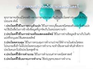 ทุกภาษาจะต้องมีโครงสร้างทางภาษาประกอบกันเป็นประโยคต่างๆ แบ่งได้เป็น 5
ประเภท ดังนี้
1.ประโยคที่ใช้ในการระบุตัวแปร ใช้ในการระบุชื่อและชนิดของตัวแปร ซึ่งตัวแปร
จะใช้เป็นชื่อในการอ้างอิงข้อมูลที่ถูกจัดเก็บในหน่วยความจา
2.ประโยคที่ใช้ในการอ่านหรือแสดงผลลัพธ์ ใช้ในการอ่านข้อมูลเข้ามาเก็บในตัว
แปรที่ระบุและใช้แสดงผลลัพธ์
3.ประโยคควบคุม ใช้ในการควบคุมการทางานว่าจะให้ทางานในส่วนใดของ
โปรแกรมซึ่งถ้าไม่มีประโยคควบคุมการทางาน จะทาเรียงตามลาดับคาสั่งจาก
ประโยคแรกไปยังประโยคสุดท้าย
4.ประโยคที่ใช้การคานวณ ใช้ในการคานวณค่าทางคณิตศาสตร์
5.ประโยคที่ใช้บอกจบการทางาน ใช้ระบุจุดจบของการทางาน
 