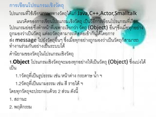 การเขียนโปรแกรมเชิงวัตถุ
โปรแกรมที่ใช้เขียนภาษาทางวัตถุได้แก่ Java,C++,Actor,Smalltalk
แนวคิดของการเขียนโปรแกรมเชิงวัตถุ เป็นวิธีการเขียนโปรแกรมที่เรียก
โปรแกรมย่อยซึ่งทาหน้าที่เฉพาะเรียกว่า วัตถุ (Object) อื่นๆซึ่งเมื่อทุกอย่าง
ถูกมองว่าเป็นวัตถุ แต่ละวัตถุสามารถติดต่อเข้ากันได้โดยการ
ส่ง message ไปยังวัตถุอื่นๆ ซึ่งเมื่อทุกอย่างถูกมองว่าเป็นวัตถุก็สามารถ
ทางานร่วมกันอย่างเป็นระบบได้
คานิยามของวัตถุในโปรแกรมเชิงวัตถุ
1.Object โปรแกรมเชิงวัตถุจะมองทุกอย่างให้เป็นวัตถุ (Object) ซึ่งแบ่งได้
เป็น
1.1วัตถุที่เป็นรูปธรรม เช่น หน้าต่าง กระดาษ น้า ฯ
1.2วัตถุที่เป็นนามธรรม เช่น สี รายได้ ฯ
โดยทุกวัตถุจะประกอบด้วย 2 ส่วน ดังนี้
1. สถานะ
2. พฤติกรรม
 