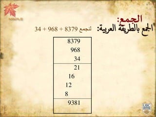‫الجمع‬:
‫ية‬‫ب‬‫ر‬‫الع‬ ‫يقة‬‫ر‬‫ابلط‬ ‫امجلع‬:
8379
968
34
21
16
12
8
9381
‫لنجمع‬8379+968+34
 
