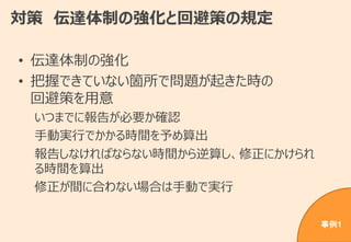 対策 伝達体制の強化と回避策の規定
• 伝達体制の強化
• 把握できていない箇所で問題が起きた時の
回避策を用意
いつまでに報告が必要か確認
手動実行でかかる時間を予め算出
報告しなければならない時間から逆算し、修正にかけられ
る時間を算出
修正が間に合わない場合は手動で実行
事例1
 
