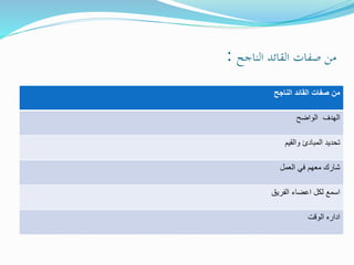 ‫الناجح‬ ‫القائد‬ ‫صفات‬ ‫من‬:
‫الناجح‬ ‫القائد‬ ‫صفات‬ ‫من‬
‫الهدف‬‫الواضح‬
‫والقيم‬ ‫المبادئ‬ ‫تحديد‬
‫العمل‬ ‫في‬ ‫معهم‬ ‫شارك‬
‫الفريق‬ ‫اعضاء‬ ‫لكل‬ ‫اسمع‬
‫الوقت‬ ‫اداره‬
 