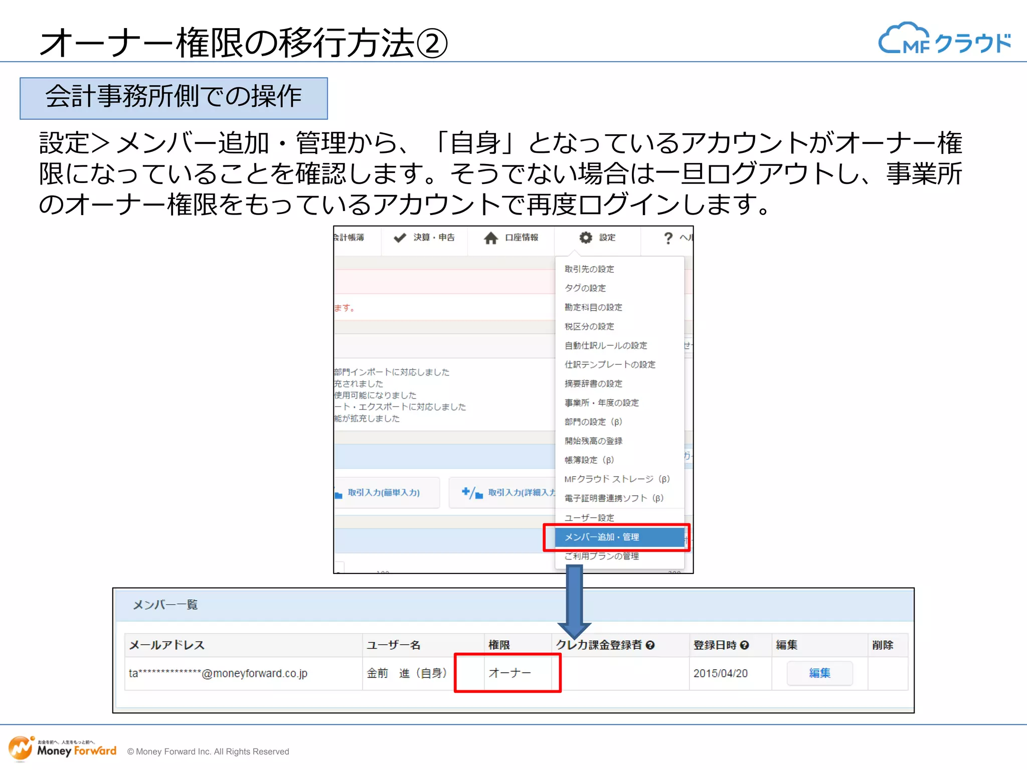 © Money Forward Inc. All Rights Reserved
オーナー権限の移行方法②
設定＞メンバー追加・管理から、「自身」となっているアカウントがオーナー権
限になっていることを確認します。そうでない場合は一旦ログアウトし、事業所
のオーナー権限をもっているアカウントで再度ログインします。
会計事務所側での操作
 