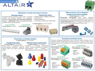 Аналоги:
DG243
Deca MWX101
Dinkle WKA500A
Wago 256
Серия WJ243
Шаг контактов: 5.0mm;
Сечение провода: 1.5mm2
Аналоги:
DG142
Phoenix FFKDS/H1
Deca MX122
Dinkle 142
Аналоги:
DG141V
Phoenix FFKDS/V
Deca MX322
Dinkle 141
Аналоги:
DG235
Dinkle 144RA
Wago 235
Серия WJ141
Шаг контактов: 2.54mm;
Сечение провода: 1.0mm2
Серия WJ142
Шаг контактов: 5.0/5.08/7.5/7.62mm;
Сечение провода: 1.5mm2
Серия WJ235А
Шаг контактов: 3.81/5.0/7.5/10.0mm;
Сечение провода: 1.0mm2
Проходные электро-монтажные клеммы
Серия MY510
Сечение провода: 0.5-2.5mm2
Серия MY12HS
Сечение провода: 2.5-10mm2
Электромонтажные клеммные колодки легко и надежно
соединяет два провода. Подходят для соединения
проводов в силовых цепях или коммутации освещения.
Материал - упрочненная сталь, допускающая больший
крутящий момент при затягивании.
Клеммы на печатную плату
Контакты клеммников безвинтовые, могут быть двух видов: зажимная клеть и
торцевой контакт. Безвинтовые клеммные блоки во многих случаях имеют
больше возможностей по сравнению со стандартными клеммниками с винтовыми
зажимами.
→ Материал корпуса: фарфор, нержавейка
→ Термостойкие
→ Невоспламеняемые
→ Устойчивые к химическим воздействиям
Сечение провода: от 0,75 до 10 mm2
Мини-клеммы для установки в
распределительные коробки
Сечение провода: до 2,5mm2
Компактная конструкция мини клемм позволяет
использовать их в небольших распределительных коробках.
Изолированная внешняя пластиковая часть изделия делает его
взрывозащищенным (Ex), что позволяет использовать их в
местах присутствия взрывоопасных веществ и газов.
Разъемные клеммные зажимы
Сечение провода: от 2,5 до 4mm2
Вернуться на главную
Сечение провода: от 2,5 до 4mm2
Модули имеют 12 соединений. Трех- и
шести-полюсные разъемные клеммные
зажимы служат для силового соединения
кабеля.
Сечение провода: от 2,5 до 4mm2
Безопасная и доступная альтернатива
скрутке – акцент на надежность и удобство.
Предназначены для монтажа и
проектирования систем освещения (1000 В)
 