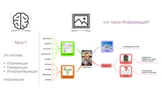 что такое Информация?
Мозг?
это система
• Отражающая
• Передающая
• Интерпретирующая
информацию
 