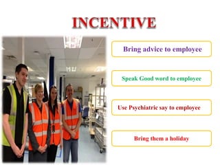 Bring advice to employee
Speak Good word to employee
Use Psychiatric say to employee
Bring them a holiday