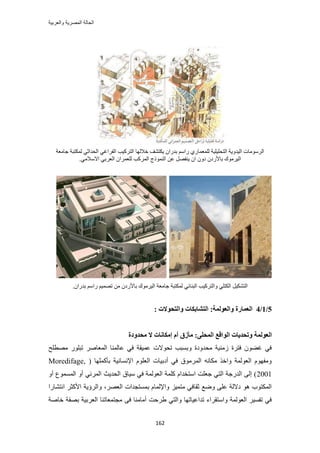 ‫والعربٌة‬ ‫المصرٌة‬ ‫الحالة‬
162
‫ؿخٓؼش‬ ‫ٌُٔظزش‬ ٢‫حُليحػ‬ ٢‫حُلَحؿ‬ ‫حُظًَ٤ذ‬ ‫هالُٜخ‬ ‫٣ٌظ٘ق‬ ٕ‫ريٍح‬ ْٓ‫ٍح‬ ١ٍ‫ُِٔؼٔخ‬ ‫حُظلِ٤ِ٤ش‬ ‫حُ٤يٝ٣ش‬ ‫حَُٓٞٓخص‬
.٢ٓ‫حالٓال‬ ٢‫حُؼَر‬ ٕ‫ُِؼَٔح‬ ‫حًَُٔذ‬ ‫حًُ٘ٔٞؽ‬ ٖ‫ػ‬ َٜ‫٣٘ل‬ ٕ‫ح‬ ٕٝ‫ى‬ ٕ‫رخألٍى‬ ‫حُ٤َٓٞى‬
.ٕ‫ريٍح‬ ْٓ‫ٍح‬ ْ٤ٜٔ‫ط‬ ٖٓ ٕ‫رخألٍى‬ ‫حُ٤َٓٞى‬ ‫ؿخٓؼش‬ ‫ٌُٔظزش‬ ٢‫حُز٘خث‬ ‫ٝحُظًَ٤ذ‬ ٢ِ‫حٌُظ‬ َ٤ٌ٘‫حُظ‬
5/1/4‫ٔانزحٕالد‬ ‫انزشبثكبد‬ :‫ٔانؼٕنًخ‬ ‫انؼًبضح‬:
‫انؼٕنًخ‬‫يحسٔزح‬ ‫ال‬ ‫ئيكبَبد‬ ‫أو‬ ‫يأظق‬ :ٗ‫انًحه‬ ‫انٕالغ‬ ‫ٔرحسٚبد‬
ٍِٞ‫طز‬ َٛ‫حُٔؼخ‬ ‫ػخُٔ٘خ‬ ٢‫ك‬ ‫ػٔ٤وش‬ ‫طلٞالص‬ ‫ٝرٔزذ‬ ‫ٓليٝىس‬ ‫ُٓ٘٤ش‬ ‫كظَس‬ ٕٞ٠‫ؿ‬ ٢‫ك‬‫ٜٓطِق‬
( ‫رؤًِٜٔخ‬ ‫حإلٗٔخٗ٤ش‬ ِّٞ‫حُؼ‬ ‫أىر٤خص‬ ٢‫ك‬ ‫حَُٔٓٞم‬ ٚٗ‫ٌٓخ‬ ٌ‫ٝحه‬ ‫حُؼُٞٔش‬ ّٜٞ‫ٝٓل‬Moredifage,
2001ٝ‫أ‬ ‫حُٔٔٔٞع‬ ٝ‫أ‬ ٢‫حَُٔث‬ ‫حُلي٣غ‬ ‫ٓ٤خم‬ ٢‫ك‬ ‫حُؼُٞٔش‬ ‫ًِٔش‬ ّ‫حٓظويح‬ ‫ؿؼِض‬ ٢‫حُظ‬ ‫حُيٍؿش‬ ٠ُ‫ا‬ )
ٍ‫حٗظ٘خ‬ َ‫حألًؼ‬ ‫ٝحَُإ٣ش‬ ،َٜ‫حُؼ‬ ‫رٔٔظـيحص‬ ّ‫ٝحإلُٔخ‬ ِ٤ٔ‫ٓظ‬ ٢‫ػوخك‬ ‫ٟٝغ‬ ٠ِ‫ػ‬ ‫ىالُش‬ ٞٛ ‫حٌُٔظٞد‬‫ح‬
‫هخٛش‬ ‫رٜلش‬ ‫حُؼَر٤ش‬ ‫ٓـظٔؼخط٘خ‬ ٠‫ك‬ ‫أٓخٓ٘خ‬ ‫١َكض‬ ٢‫ٝحُظ‬ ‫طيحػ٤خطٜخ‬ ‫ٝحٓظوَحء‬ ‫حُؼُٞٔش‬ َ٤ٔ‫طل‬ ٢‫ك‬
 