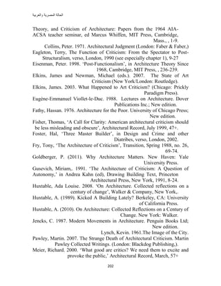 ‫والعربٌة‬ ‫المصرٌة‬ ‫الحالة‬
212
Theory, and Criticism of Architecture: Papers from the 1964 AIA-
ACSA teacher seminar, ed Marcus Whiffen, MIT Press, Cambridge,
Mass., , 1-9.
Collins, Peter. 1971. Architectural Judgment (London: Faber & Faber,)
Eagleton, Terry, The Function of Criticism: From the Spectator to Post-
Structuralism, verso, London, 1990 (see especially chapter 1), 9-27
Eisenman, Peter. 1998. „Post-Functionalism‟, in Architecture Theory Since
1968, Cambridge, MIT Press, , 236-239.
Elkins, James and Newman, Michael (eds.). 2007. The State of Art
Criticism (New York/London: Routledge).
Elkins, James. 2003. What Happened to Art Criticism? (Chicago: Prickly
Paradigm Press).
Eugène-Emmanuel Viollet-le-Duc. 1988. Lectures on Architecture. Dover
Publications Inc.; New edition.
Fathy, Hassan. 1976. Architecture for the Poor. University of Chicago Press;
New edition.
Fisher, Thomas, „A Call for Clarity: American architectural criticism should
be less misleading and obscure‟, Architectural Record, July 1999, 47+.
Foster, Hal, „Three Master Builder‟, in Design and Crime and other
Diatribes, verso, London, 2002.
Fry, Tony, „The Architecture of Criticism‟, Transition, Spring 1988, no. 26,
69-74.
Goldberger, P. (2011). Why Architecture Matters. New Haven: Yale
University Press.
Gusevich, Miriam,. 1991. „The Architecture of Criticism: A Question of
Autonomy,‟ in Andrea Kahn (ed), Drawing Building Text, Princeton
Architectural Press, New York, 1991, 8-24.
Huxtable, Ada Louise. 2008. „On Architecture. Collected reflections on a
century of change‟, Walker & Company, New York,.
Huxtable, A. (1989). Kicked A Building Lately? Berkeley, CA: University
of California Press.
Huxtable, A. (2010). On Architecture: Collected Reflections on a Century of
Change. New York: Walker.
Jencks, C. 1987. Modern Movements in Architecture. Penguin Books Ltd;
New edition.
Lynch, Kevin. 1961.The Image of the City.
Pawley, Martin. 2007. The Strange Death of Architectural Criticism. Martin
Pawley Collected Writings. (London: Blackdog Publishing,).
Meier, Richard. 2000. „What good are critics? We need them to excite and
provoke the public,‟ Architectural Record, March, 57+
 