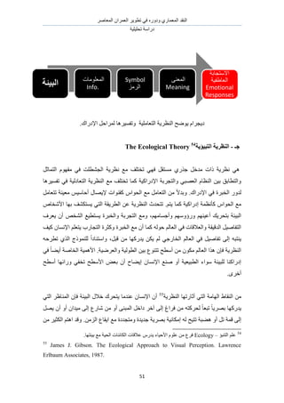 َٛ‫حُٔؼخ‬ ٕ‫حُؼَٔح‬ َ٣ٞ‫طط‬ ٢‫ك‬ ٍٙٝ‫ٝى‬ ١ٍ‫حُٔؼٔخ‬ ‫حُ٘وي‬
‫طلِ٤ِ٤ش‬ ‫ىٍحٓش‬
51
‫حُظؼخِٓ٤ش‬ ‫حُ٘ظَ٣ش‬ ‫٣ٟٞق‬ ّ‫ى٣ـَح‬‫ح‬ َ‫َُٔحك‬ ‫ٝطلٔ٤َٛخ‬‫إلىٍحى‬.
‫عـ‬-‫انزجٛإٚخ‬ ‫انُظطٚخ‬54
The Ecological Theory
ٓ ١ٌٍ‫ؿ‬ َ‫ٓيه‬ ‫ًحص‬ ‫ٗظَ٣ش‬ ٢َٛ‫حُظٔخػ‬ ّٜٞ‫ٓل‬ ٢‫ك‬ ‫حُـ٘طِض‬ ‫ٗظَ٣ش‬ ‫ٓغ‬ ‫طوظِق‬ ٢ٜ‫ك‬ َ‫ٔظو‬
٢‫ك‬ ‫حُظؼخىُ٤ش‬ ‫حُ٘ظَ٣ش‬ ‫ٓغ‬ ‫طوظِق‬ ‫ًٔخ‬ ‫حإلىٍحً٤ش‬ ‫ٝحُظـَرش‬ ٢‫حُؼٜز‬ ّ‫حُ٘ظخ‬ ٖ٤‫ر‬ ‫ٝحُظطخرن‬‫طلٔ٤َٛخ‬
‫حإلىٍحى‬ ٢‫ك‬ ‫حُوزَس‬ ٍٝ‫ُي‬.َٓ‫طظؼخ‬ ‫ٓؼ٤٘ش‬ ْ٤ٓ‫أكخ‬ ٍ‫إل٣ٜخ‬ ‫ًو٘ٞحص‬ ّ‫حُلٞح‬ ‫ٓغ‬ َٓ‫حُظؼخ‬ ٖٓ ً‫ال‬‫ٝري‬
ً ‫اىٍحً٤ش‬ ‫ًؤٗظٔش‬ ّ‫حُلٞح‬ ‫ٓغ‬ْ‫٣ظ‬ ‫ٔخ‬.ٙ‫حألٗوخ‬ ‫رٜخ‬ ‫٣ٔظٌ٘ق‬ ٢‫حُظ‬ ‫حُطَ٣وش‬ ٖ‫ػ‬ ‫حُ٘ظَ٣ش‬ ‫طظليع‬
ْٜٓ‫ٝأؿٔخ‬ ْٜٓٝ‫ٍٝإ‬ ْٜ٘٤‫أػ‬ ‫رظلَ٣ي‬ ‫حُز٤جش‬،‫٣ؼَف‬ ٕ‫أ‬ ٚ‫حُ٘و‬ ‫٣ٔظط٤غ‬ ‫ٝحُوزَس‬ ‫حُظـَرش‬ ‫ٝٓغ‬
‫ً٤ق‬ ٕ‫حإلٗٔخ‬ ِْ‫٣ظؼ‬ ‫حُظـخٍد‬ ‫ًٝؼَس‬ ‫حُوزَس‬ ‫ٓغ‬ ٕ‫أ‬ ‫ًٔخ‬ ُٚٞ‫ك‬ ُْ‫حُؼخ‬ ٢‫ك‬ ‫ٝحُؼالهخص‬ ‫حُيه٤وش‬ َ٤ٛ‫حُظلخ‬
٢‫حُوخٍؿ‬ ُْ‫حُؼخ‬ ٢‫ك‬ َ٤ٛ‫طلخ‬ ٠ُ‫ا‬ ٚ‫٣٘ظز‬ٌ٣ َُْ‫هز‬ ٖٓ ‫٣يًٍٜخ‬ ٖٚ‫ططَك‬ ١ٌُ‫ح‬ ‫ًُِ٘ٔٞؽ‬ ً‫ح‬‫ٝحٓظ٘خى‬ ،
ٖٓ ٌٕٞٓ ُْ‫حُؼخ‬ ‫ٌٛح‬ ٕ‫كب‬ ‫حُ٘ظَ٣ش‬‫ٝحُؼَٟ٤ش‬ ‫حُطُٞ٤ش‬ ٖ٤‫ر‬ ‫طظ٘ٞع‬ ‫أٓطق‬٢‫ك‬ ً‫خ‬٠٣‫أ‬ ‫حُوخٛش‬ ‫حألٛٔ٤ش‬ .
‫ر‬ ٕ‫أ‬ ‫ا٣٠خف‬ ٕ‫حإلٗٔخ‬ ‫ٛ٘غ‬ ٝ‫أ‬ ‫حُطز٤ؼ٤ش‬ ‫ٓٞحء‬ ‫ُِز٤جش‬ ‫اىٍحً٘خ‬‫أٓطق‬ ‫ٍٝحثٜخ‬ ٢‫طول‬ ‫حألٓطق‬ ٞ‫ؼ‬
َٟ‫أه‬.
‫أػخٍطٜخ‬ ٢‫حُظ‬ ‫حُٜخٓش‬ ١‫حُ٘وخ‬ ٖٓ‫حُ٘ظَ٣ش‬55
٢‫حُظ‬ َ‫حُٔ٘خظ‬ ٕ‫كب‬ ‫حُز٤جش‬ ٍ‫هال‬ ‫٣ظلَى‬ ‫ػ٘يٓخ‬ ٕ‫حإلٗٔخ‬ ٕ‫أ‬
َٜ٣ ٕ‫أ‬ ٝ‫أ‬ ٕ‫ٓ٤يح‬ ٠ُ‫ا‬ ‫ٗخٍع‬ ٖٓ ٝ‫أ‬ ٠٘‫حُٔز‬ َ‫ىحه‬ َ‫آه‬ ٠ُ‫ا‬ ‫كَحؽ‬ ٖٓ ٚ‫ُلًَظ‬ ً‫خ‬‫طزؼ‬ ً‫خ‬٣َٜ‫ر‬ ‫٣يًٍٜخ‬
ٛ ٝ‫أ‬ َ‫ط‬ ‫هٔش‬ ٠ُ‫ا‬‫ؿي٣يس‬ ‫رَٜ٣ش‬ ‫آٌخٗ٤ش‬ ُٚ ‫طظ٤ق‬ ‫٠زش‬.ُِٖٓ‫ح‬ ‫ح٣وخع‬ ‫ٓغ‬ ‫ٝٓظـيىس‬ٖٓ َ٤‫حٌُؼ‬ ْ‫حٛظ‬ ‫ٝهي‬
54
‫حُظ٘زئ‬ ِْ‫ػ‬–Ecology.‫ر٤جظٜخ‬ ‫ٓغ‬ ‫حُل٤ش‬ ‫حٌُخث٘خص‬ ‫ػالهخص‬ ٍّ‫٣ي‬ ‫حألك٤خء‬ ِّٞ‫ػ‬ ٖٓ ‫كَع‬
55
James J. Gibson. The Ecological Approach to Visual Perception. Lawrence
Erlbaum Associates, 1987.
‫البٌئة‬ ‫المعلومات‬
Info.
Symbol
‫الرمز‬
‫المعنى‬
Meaning
‫االستجابة‬
‫العاطفٌة‬
Emotional
Responses
 
