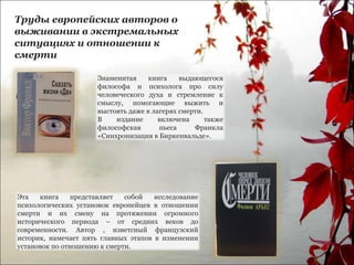 Эта книга представляет собой исследование
психологических установок европейцев в отношении
смерти и их смену на протяжении огромного
исторического периода – от средних веков до
современности. Автор , изветсный французский
историк, намечает пять главных этапов в изменении
установок по отношению к смерти.
Знаменитая книга выдающегося
философа и психолога про силу
человеческого духа и стремление к
смыслу, помогающие выжить и
выстоять даже в лагерях смерти.
В издание включена также
философская пьеса Франкла
«Синхронизация в Биркенвальде».
Труды европейских авторов о
выживании в экстремальных
ситуациях и отношении к
смерти
 