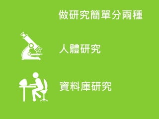 做研究簡單分兩種
人體研究
資料庫研究
 