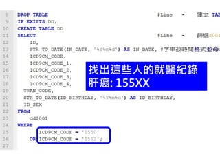 找出這些人的就醫紀錄
肝癌: 155XX
 