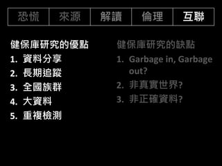 健保庫研究的優點
1. 資料分享
2. 長期追蹤
3. 全國族群
4. 大資料
5. 重複檢測
健保庫研究的缺點
1. Garbage in, Garbage
out?
2. 非真實世界?
3. 非正確資料?
恐慌 來源 解讀 倫理 互聯
 