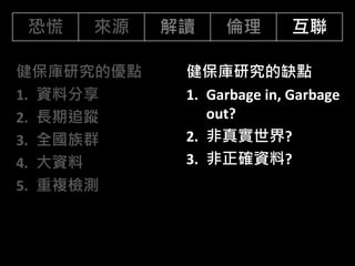 健保庫研究的優點
1. 資料分享
2. 長期追蹤
3. 全國族群
4. 大資料
5. 重複檢測
健保庫研究的缺點
1. Garbage in, Garbage
out?
2. 非真實世界?
3. 非正確資料?
恐慌 來源 解讀 倫理 互聯
 