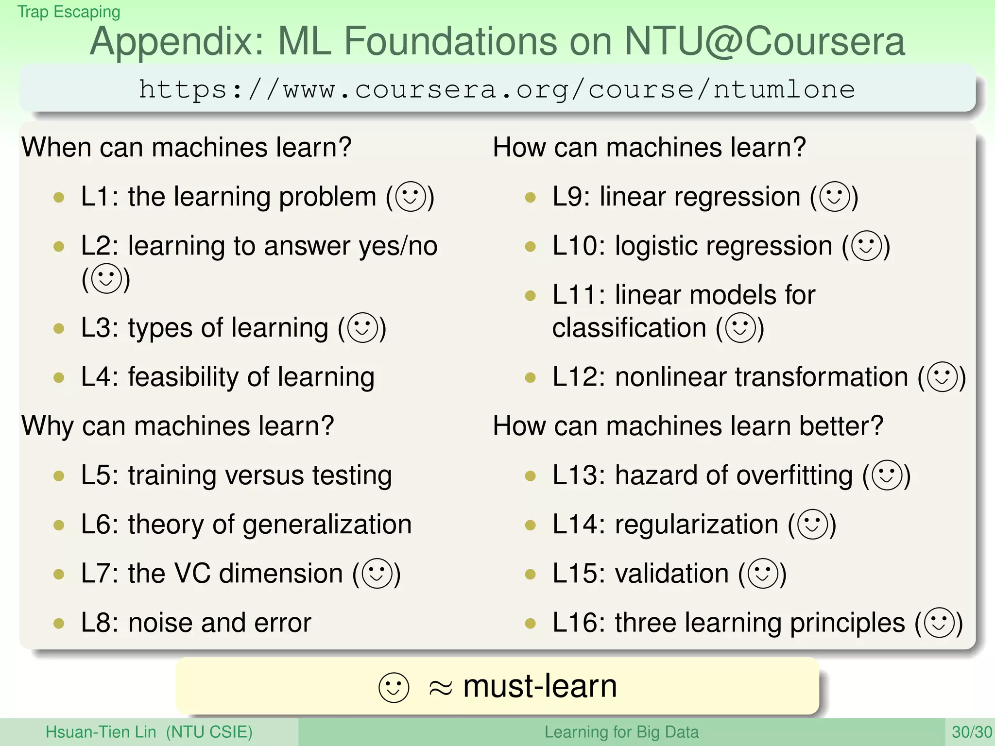 Trap Escaping
Appendix: ML Foundations on NTU@Coursera
https://www.coursera.org/course/ntumlone
When can machines learn?
• L1: the learning problem ( )
• L2: learning to answer yes/no
( )
• L3: types of learning ( )
• L4: feasibility of learning
Why can machines learn?
• L5: training versus testing
• L6: theory of generalization
• L7: the VC dimension ( )
• L8: noise and error
How can machines learn?
• L9: linear regression ( )
• L10: logistic regression ( )
• L11: linear models for
classiﬁcation ( )
• L12: nonlinear transformation ( )
How can machines learn better?
• L13: hazard of overﬁtting ( )
• L14: regularization ( )
• L15: validation ( )
• L16: three learning principles ( )
≈ must-learn
Hsuan-Tien Lin (NTU CSIE) Learning for Big Data 30/30
 