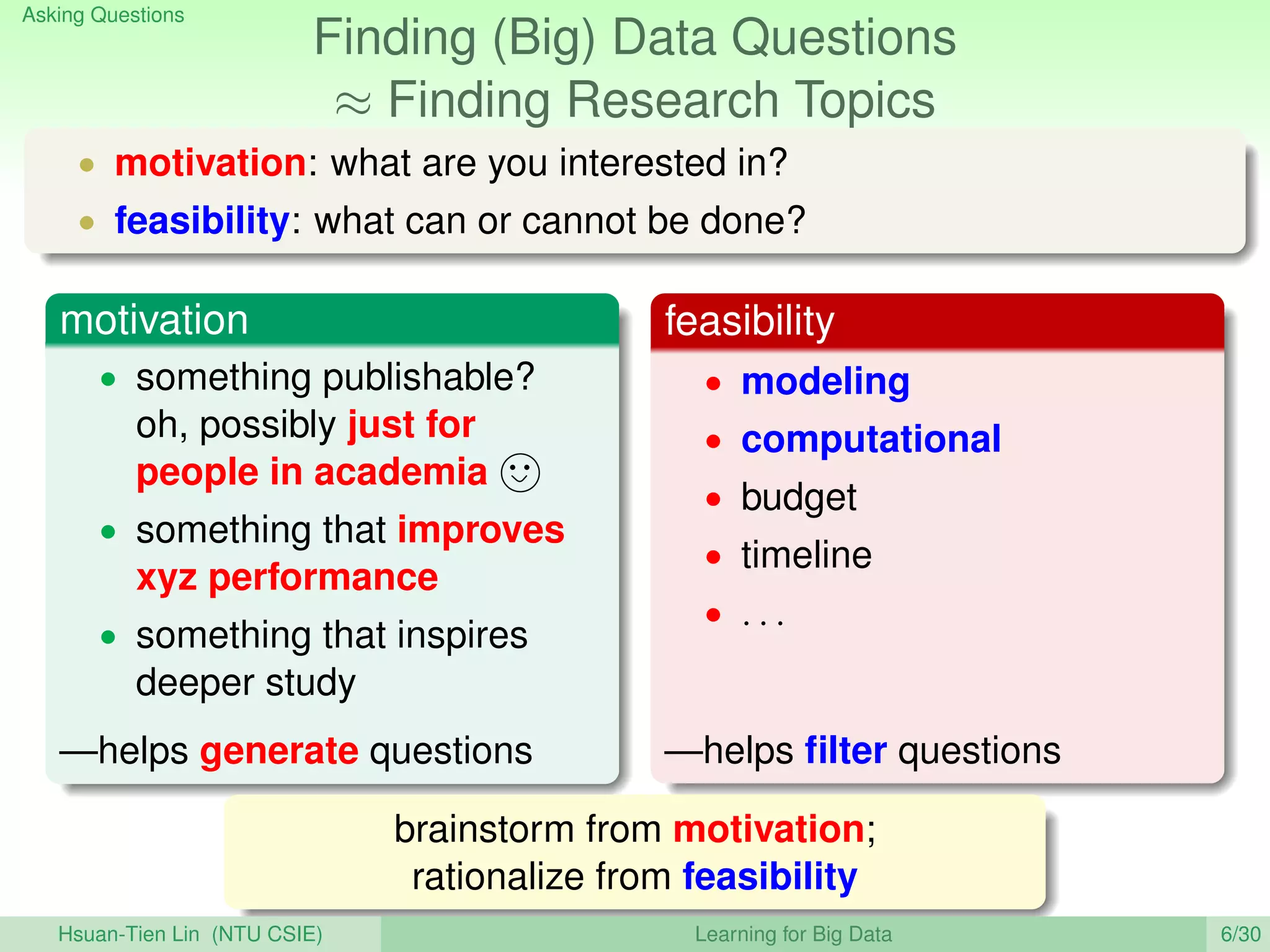 Asking Questions
Finding (Big) Data Questions
≈ Finding Research Topics
• motivation: what are you interested in?
• feasibility: what can or cannot be done?
motivation
• something publishable?
oh, possibly just for
people in academia
• something that improves
xyz performance
• something that inspires
deeper study
—helps generate questions
feasibility
• modeling
• computational
• budget
• timeline
• . . .
—helps ﬁlter questions
brainstorm from motivation;
rationalize from feasibility
Hsuan-Tien Lin (NTU CSIE) Learning for Big Data 6/30
 