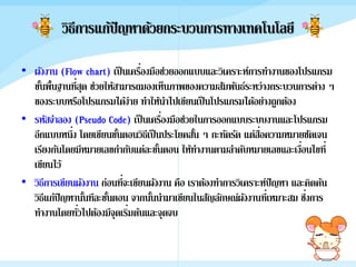วิธีการแก้ปัญหาด้วยกระบวȨารทางเทคโนโลยี
• ผังงาน (Flow chart) เป็นเครื่องมือช่วยออกแบบและวิเคราะห์การทางานของโปรแกรม
ขั้นพื้นฐานที่สุด ช่วยให้สามารถมองเห็นภาพของความสัมพันธ์ระหว่างกระบวนการต่าง ๆ
ของระบบหรือโปรแกรมได้ง่าย ทาให้นาไปเขียนเป็นโปรแกรมได้อย่างถูกต้อง
• รหัสจาลอง (Pseudo Code) เป็นเครื่องมือช่วยในการออกแบบระบบงานและโปรแกรม
อีกแบบหนึ่ง โดยเขียนขั้นตอนวิธีเป็นประโยคสั้น ๆ กะทัดรัด แต่สื่อความหมายชัดเจน
เรียงกันโดยมีหมายเลขกากับแต่ละขั้นตอน ให้ทางานตามลาดับหมายเลขและเงื่อนไขที่
เขียนไว้
• วิธีการเขียนผังงาน ก่อนที่จะเขียนผังงาน คือ เราต้องทาการวิเคราะห์ปัญหา และคิดค้น
วิธีแก้ปัญหานั้นทีละขั้นตอน จากนั้นนามาเขียนในสัญลักษณ์ผังงานที่เหมาะสม ซึ่งการ
ทางานโดยทั่วไปต้องมีจุดเริ่มต้นและจุดจบ
 