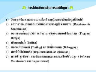 การใช้หลักการในการแก้ปัญหา
1) วิเคราะห์ปัญหาและระบบงานที่จะทารวมถึงรายละเอียดข้อมูลที่ต้องใช้
2) จัดทารายละเอียดของความต้องการของผู้ใช้ระบบงาน (Requirements
Specification)
3) ออกแบบขั้นตอนวิธีการทางาน หรือออกแบบโปรแกรม (Program
Design)
4) เขียนชุดคาสั่ง (Coding)
5) ทดสอบโปรแกรม (Testing) และหาที่ผิดพลาด (Debugging)
6) การนาไปใช้งานจริง (Implementation or Operation)
7) การบารุงรักษา การติดตามผลและการแก้ไขปรับปรุง (Software
Maintenance and Improvement)
 