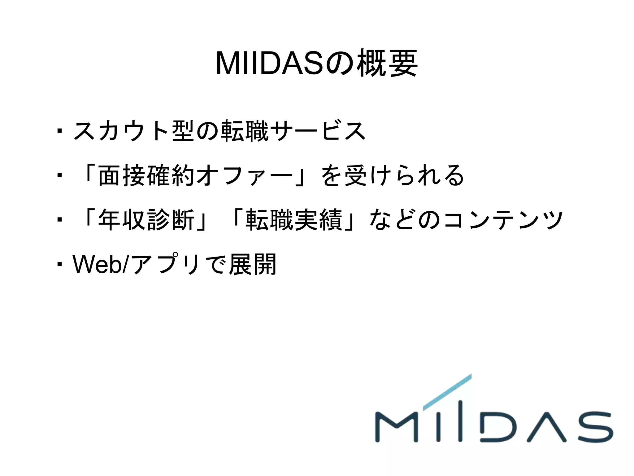 5
・スカウト型の転職サービス
・「面接確約オファー」を受けられる
・「年収診断」「転職実績」などのコンテンツ
・Web/アプリで展開
MIIDASの概要
 