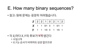 E.  How  many  binary  sequences?
• 참고:  원래 문제는 굉장히 어려웠습니다.
• 각 𝑍M마다 𝑋, 𝑌의 후보가 4개 생긴다
• 사실 2개
• 𝑋, 𝑌는 순서가 바뀌어도상관 없으므로
2 2 ...