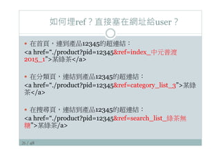 26 / 48
如何埋ref？直接塞在網址給user？
—  在首頁，連到產品12345的超連結：
a href=“./product?pid=12345ref=index_中元普渡
2015_1”某綠茶/a
—  在分類頁，連結到產品12345的超連結：
a href=“./product?pid=12345ref=category_list_3”某綠
茶/a
—  在搜尋頁，連結到產品12345的超連結：
a href=“./product?pid=12345ref=search_list_綠茶無
糖”某綠茶/a
 