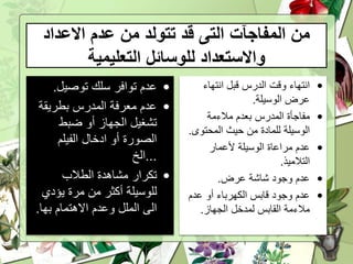 ‫االعداد‬ ‫عدم‬ ‫من‬ ‫تتولد‬ ‫قد‬ ‫التى‬ ‫المفاجآت‬ ‫من‬
‫التعليمية‬ ‫للوسائل‬ ‫واالستعداد‬
•‫عدم‬‫توصيل‬ ‫سلك‬ ‫توافر‬.
•‫بطريقة‬ ‫المدرس‬ ‫معرفة‬ ‫عدم‬
‫ضبط‬ ‫أو‬ ‫الجهاز‬ ‫تشغيل‬
‫الفيلم‬ ‫ادخال‬ ‫أو‬ ‫الصورة‬
...‫الخ‬
•‫الطالب‬ ‫مشاهدة‬ ‫تكرار‬
‫يؤدي‬ ‫مرة‬ ‫من‬ ‫أكثر‬ ‫للوسيلة‬
‫بها‬ ‫االهتمام‬ ‫وعدم‬ ‫الملل‬ ‫الى‬.
•‫انتهاء‬ ‫قبل‬ ‫الدرس‬ ‫وقت‬ ‫انتهاء‬
‫الوسيلة‬ ‫عرض‬.
•‫مالءمة‬ ‫بعدم‬ ‫المدرس‬ ‫مفاجأة‬
‫المحتوى‬ ‫حيث‬ ‫من‬ ‫للمادة‬ ‫الوسيلة‬.
•‫ألعمار‬ ‫الوسيلة‬ ‫مراعاة‬ ‫عدم‬
‫التالميذ‬.
•‫عرض‬ ‫شاشة‬ ‫وجود‬ ‫عدم‬.
•‫عدم‬ ‫أو‬ ‫الكهرباء‬ ‫قابس‬ ‫وجود‬ ‫عدم‬
‫الجهاز‬ ‫لمدخل‬ ‫القابس‬ ‫مالءمة‬.
 