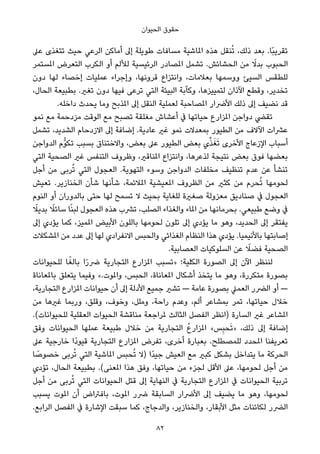 ‫اﻟﺤﻴﻮان‬ ‫ﺣﻘﻮق‬
‫ﻋﲆ‬ ‫ﺗﺘﻐﺬى‬ ‫ﺣﻴﺚ‬ ‫اﻟﺮﻋﻲ‬ ‫أﻣﺎﻛﻦ‬ ‫إﱃ‬ ‫ﻃﻮﻳﻠﺔ‬ ‫ﻣﺴﺎﻓﺎت‬ ‫املﺎﺷﻴﺔ‬ ‫ﻫﺬه‬ ‫ﻨﻘﻞ‬ُ‫ﺗ‬ ،‫ذﻟﻚ‬ ‫ﺑﻌﺪ‬ .‫ًﺎ‬‫ﺒ‬‫ﺗﻘﺮﻳ‬
‫املﺴﺘﻤﺮ‬ ‫اﻟﺘﻌﺮض‬ ‫اﻟﻜﺮب‬ ‫أو‬ ‫ﻟﻸﻟﻢ‬ ‫اﻟﺮﺋﻴﺴﻴﺔ‬ ‫املﺼﺎدر‬ ‫ﺗﺸﻤﻞ‬ .‫اﻟﺤﺸﺎﺋﺶ‬ ‫ﻣﻦ‬ ً‫ﺑﺪﻻ‬ ‫اﻟﺤﺒﻮب‬
‫دون‬ ‫ﻟﻬﺎ‬ ‫إﺧﺼﺎء‬ ‫ﻋﻤﻠﻴﺎت‬ ‫وإﺟﺮاء‬ ،‫ﻗﺮوﻧﻬﺎ‬ ‫واﻧﺘﺰاع‬ ،‫ﺑﻌﻼﻣﺎت‬ ‫ووﺳﻤﻬﺎ‬ ‫اﻟﺴﻴﺊ‬ ‫ﻟﻠﻄﻘﺲ‬
،‫اﻟﺤﺎل‬ ‫ﺑﻄﺒﻴﻌﺔ‬ .‫ﺗﻐري‬ ‫دون‬ ‫ﻓﻴﻬﺎ‬ ‫ﺗﺮﻋﻰ‬ ‫اﻟﺘﻲ‬ ‫اﻟﺒﻴﺌﺔ‬ ‫وﻛﺂﺑﺔ‬ ،‫ﻟﺘﻤﻴﻴﺰﻫﺎ‬ ‫اﻵذان‬ ‫وﻗﻄﻊ‬ ،‫ﺗﺨﺪﻳﺮ‬
.‫داﺧﻠﻪ‬ ‫ﻳﺤﺪث‬ ‫وﻣﺎ‬ ‫املﺬﺑﺢ‬ ‫إﱃ‬ ‫اﻟﻨﻘﻞ‬ ‫ﻟﻌﻤﻠﻴﺔ‬ ‫املﺼﺎﺣﺒﺔ‬ ‫اﻷﴐار‬ ‫ذﻟﻚ‬ ‫إﱃ‬ ‫ﻧﻀﻴﻒ‬ ‫ﻗﺪ‬
‫ﻧﻤﻮ‬ ‫ﻣﻊ‬ ‫ﻣﺰدﺣﻤﺔ‬ ‫اﻟﻮﻗﺖ‬ ‫ﻣﻊ‬ ‫ﺗﺼﺒﺢ‬ ‫ﻣﻐﻠﻘﺔ‬ ‫أﻋﺸﺎش‬ ‫ﰲ‬ ‫ﺣﻴﺎﺗﻬﺎ‬ ‫املﺰارع‬ ‫دواﺟﻦ‬ ‫ﺗﻘﴤ‬
‫ﺗﺸﻤﻞ‬ ،‫اﻟﺸﺪﻳﺪ‬ ‫اﻻزدﺣﺎم‬ ‫إﱃ‬ ‫إﺿﺎﻓﺔ‬ .‫ﻋﺎدﻳﺔ‬ ‫ﻏري‬ ‫ﻧﻤﻮ‬ ‫ﺑﻤﻌﺪﻻت‬ ‫اﻟﻄﻴﻮر‬ ‫ﻣﻦ‬ ‫اﻵﻻف‬ ‫ﻋﴩات‬
‫اﻟﺪواﺟﻦ‬ ‫ﱡم‬‫ﻮ‬‫ﺗﻜ‬ ‫ﺑﺴﺒﺐ‬ ‫واﻻﺧﺘﻨﺎق‬ ،‫ﺑﻌﺾ‬ ‫ﻋﲆ‬ ‫اﻟﻄﻴﻮر‬ ‫ﺑﻌﺾ‬ ‫ي‬‫ﱢ‬‫ﺬ‬َ‫ﻐ‬َ‫ﺗ‬ ‫اﻷﺧﺮى‬ ‫اﻹزﻋﺎج‬ ‫أﺳﺒﺎب‬
‫اﻟﺘﻲ‬ ‫اﻟﺼﺤﻴﺔ‬ ‫ﻏري‬ ‫اﻟﺘﻨﻔﺲ‬ ‫وﻇﺮوف‬ ،‫املﻨﺎﻗري‬ ‫واﻧﺘﺰاع‬ ،‫ﻟﺬﻋﺮﻫﺎ‬ ‫ﻧﺘﻴﺠﺔ‬ ‫ﺑﻌﺾ‬ ‫ﻓﻮق‬ ‫ﺑﻌﻀﻬﺎ‬
‫أﺟﻞ‬ ‫ﻣﻦ‬ ‫ﺮﺑﻰ‬ُ‫ﺗ‬ ‫اﻟﺘﻲ‬ ‫اﻟﻌﺠﻮل‬ .‫اﻟﺘﻬﻮﻳﺔ‬ ‫وﺳﻮء‬ ‫اﻟﺪواﺟﻦ‬ ‫ﻣﺨﻠﻔﺎت‬ ‫ﺗﻨﻈﻴﻒ‬ ‫ﻋﺪم‬ ‫ﻋﻦ‬ ‫ﺗﻨﺸﺄ‬
‫ﺗﻌﻴﺶ‬ .‫اﻟﺨﻨﺎزﻳﺮ‬ ‫ﺷﺄن‬ ‫ﺷﺄﻧﻬﺎ‬ ،‫املﻼﺋﻤﺔ‬ ‫املﻌﻴﺸﻴﺔ‬ ‫اﻟﻈﺮوف‬ ‫ﻣﻦ‬ ‫ﻛﺜري‬ ‫ﻣﻦ‬ ‫ﺤﺮم‬ُ‫ﺗ‬ ‫ﻟﺤﻮﻣﻬﺎ‬
‫اﻟﻨﻮم‬ ‫أو‬ ‫ﺑﺎﻟﺪوران‬ ‫ﺣﺘﻰ‬ ‫ﻟﻬﺎ‬ ‫ﺗﺴﻤﺢ‬ ‫ﻻ‬ ‫ﺑﺤﻴﺚ‬ ‫ﻟﻠﻐﺎﻳﺔ‬ ‫ﺻﻐرية‬ ‫ﻣﻌﺰوﻟﺔ‬ ‫ﺻﻨﺎدﻳﻖ‬ ‫ﰲ‬ ‫اﻟﻌﺠﻮل‬
ً‫ﺑﺪﻳﻼ‬ ً‫ﺳﺎﺋﻼ‬ ‫ﺎ‬ً‫ﻨ‬‫ﻟﺒ‬ ‫اﻟﻌﺠﻮل‬ ‫ﻫﺬه‬ ‫ﺗﴩب‬ ،‫اﻟﺼﻠﺐ‬ ‫واﻟﻐﺬاء‬ ‫املﺎء‬ ‫ﻣﻦ‬ ‫ﺑﺤﺮﻣﺎﻧﻬﺎ‬ .‫ﻃﺒﻴﻌﻲ‬ ‫وﺿﻊ‬ ‫ﰲ‬
‫إﱃ‬ ‫ﻳﺆدي‬ ‫ﻛﻤﺎ‬ ،‫املﻤﻴﺰ‬ ‫اﻷﺑﻴﺾ‬ ‫ﺑﺎﻟﻠﻮن‬ ‫ﻟﺤﻮﻣﻬﺎ‬ ‫ﺗﻠﻮن‬ ‫إﱃ‬ ‫ﻳﺆدي‬ ‫ﻣﺎ‬ ‫وﻫﻮ‬ ،‫اﻟﺤﺪﻳﺪ‬ ‫إﱃ‬ ‫ﻳﻔﺘﻘﺮ‬
‫املﺸﻜﻼت‬ ‫ﻣﻦ‬ ‫ﻋﺪد‬ ‫إﱃ‬ ‫ﻟﻬﺎ‬ ‫اﻻﻧﻔﺮادي‬ ‫واﻟﺤﺒﺲ‬ ‫اﻟﻐﺬاﺋﻲ‬ ‫اﻟﻨﻈﺎم‬ ‫ﻫﺬا‬ ‫ﻳﺆدي‬ .‫ﺑﺎﻷﻧﻴﻤﻴﺎ‬ ‫إﺻﺎﺑﺘﻬﺎ‬
.‫اﻟﻌﺼﺎﺑﻴﺔ‬ ‫اﻟﺴﻠﻮﻛﻴﺎت‬ ‫ﻋﻦ‬ ً‫ﻓﻀﻼ‬ ‫اﻟﺼﺤﻴﺔ‬
‫ﻟﻠﺤﻴﻮاﻧﺎت‬ ‫ﺎ‬ً‫ﺑﺎﻟﻐ‬ ‫ا‬ً‫ر‬‫ﴐ‬ ‫اﻟﺘﺠﺎرﻳﺔ‬ ‫املﺰارع‬ ‫»ﺗﺴﺒﺐ‬ ‫اﻟﻜﻠﻴﺔ؛‬ ‫اﻟﺼﻮرة‬ ‫إﱃ‬ ‫اﻵن‬ ‫ﻟﻨﻨﻈﺮ‬
‫ﺑﺎملﻌﺎﻧﺎة‬ ‫ﻳﺘﻌﻠﻖ‬ ‫وﻓﻴﻤﺎ‬ «.‫واملﻮت‬ ،‫اﻟﺤﺒﺲ‬ ،‫املﻌﺎﻧﺎة‬ ‫أﺷﻜﺎل‬ ‫ﻳﺘﺨﺬ‬ ‫ﻣﺎ‬ ‫وﻫﻮ‬ ،‫ﻣﺘﻜﺮرة‬ ‫ﺑﺼﻮرة‬
،‫اﻟﺘﺠﺎرﻳﺔ‬ ‫املﺰارع‬ ‫ﺣﻴﻮاﻧﺎت‬ ‫أن‬ ‫إﱃ‬ ‫اﻷدﻟﺔ‬ ‫ﺟﻤﻴﻊ‬ ‫ﺗﺸري‬ — ‫ﻋﺎﻣﺔ‬ ‫ﺑﺼﻮرة‬ ‫اﻟﻌﻤﲇ‬ ‫اﻟﴬر‬ ‫أو‬ —
‫ﻣﻦ‬ ‫ﻏريﻫﺎ‬ ‫ورﺑﻤﺎ‬ ،‫وﻗﻠﻖ‬ ،‫وﺧﻮف‬ ،‫وﻣﻠﻞ‬ ،‫راﺣﺔ‬ ‫وﻋﺪم‬ ،‫أﻟﻢ‬ ‫ﺑﻤﺸﺎﻋﺮ‬ ‫ﺗﻤﺮ‬ ،‫ﺣﻴﺎﺗﻬﺎ‬ ‫ﺧﻼل‬
.(‫ﻟﻠﺤﻴﻮاﻧﺎت‬ ‫اﻟﻌﻘﻠﻴﺔ‬ ‫اﻟﺤﻴﻮات‬ ‫ﻣﻨﺎﻗﺸﺔ‬ ‫ملﺮاﺟﻌﺔ‬ ‫اﻟﺜﺎﻟﺚ‬ ‫اﻟﻔﺼﻞ‬ ‫)اﻧﻈﺮ‬ ‫اﻟﺴﺎرة‬ ‫ﻏري‬ ‫املﺸﺎﻋﺮ‬
‫وﻓﻖ‬ ‫اﻟﺤﻴﻮاﻧﺎت‬ ‫ﻋﻤﻠﻬﺎ‬ ‫ﻃﺒﻴﻌﺔ‬ ‫ﺧﻼل‬ ‫ﻣﻦ‬ ‫اﻟﺘﺠﺎرﻳﺔ‬ ُ‫ع‬‫املﺰار‬ «‫ﺲ‬ِ‫ﺒ‬‫ﺤ‬َ‫ﺗ‬» ،‫ذﻟﻚ‬ ‫إﱃ‬ ‫إﺿﺎﻓﺔ‬
‫ﻋﲆ‬ ‫ﺧﺎرﺟﻴﺔ‬ ‫ًا‬‫د‬‫ﻗﻴﻮ‬ ‫اﻟﺘﺠﺎرﻳﺔ‬ ‫املﺰارع‬ ‫ﺗﻔﺮض‬ ،‫أﺧﺮى‬ ‫ﺑﻌﺒﺎرة‬ .‫ﻟﻠﻤﺼﻄﻠﺢ‬ ‫املﺤﺪد‬ ‫ﺗﻌﺮﻳﻔﻨﺎ‬
‫ﺎ‬ ً‫ﺧﺼﻮﺻ‬ ‫ﺮﺑﻰ‬ُ‫ﺗ‬ ‫اﻟﺘﻲ‬ ‫املﺎﺷﻴﺔ‬ ‫ﺤﺒﺲ‬ُ‫ﺗ‬ ‫)ﻻ‬ ‫ًا‬‫ﺪ‬‫ﺟﻴ‬ ‫اﻟﻌﻴﺶ‬ ‫ﻣﻊ‬ ‫ﻛﺒري‬ ‫ﺑﺸﻜﻞ‬ ‫ﻳﺘﺪاﺧﻞ‬ ‫ﻣﺎ‬ ‫اﻟﺤﺮﻛﺔ‬
‫ﺗﺆدي‬ ،‫اﻟﺤﺎل‬ ‫ﺑﻄﺒﻴﻌﺔ‬ .(‫املﻌﻨﻰ‬ ‫ﻫﺬا‬ ‫وﻓﻖ‬ ،‫ﺣﻴﺎﺗﻬﺎ‬ ‫ﻣﻦ‬ ‫ﻟﺠﺰء‬ ‫اﻷﻗﻞ‬ ‫ﻋﲆ‬ ،‫ﻟﺤﻮﻣﻬﺎ‬ ‫أﺟﻞ‬ ‫ﻣﻦ‬
‫أﺟﻞ‬ ‫ﻣﻦ‬ ‫ﺮﺑﻰ‬ُ‫ﺗ‬ ‫اﻟﺘﻲ‬ ‫اﻟﺤﻴﻮاﻧﺎت‬ ‫ﻗﺘﻞ‬ ‫إﱃ‬ ‫اﻟﻨﻬﺎﻳﺔ‬ ‫ﰲ‬ ‫اﻟﺘﺠﺎرﻳﺔ‬ ‫املﺰارع‬ ‫ﰲ‬ ‫اﻟﺤﻴﻮاﻧﺎت‬ ‫ﺗﺮﺑﻴﺔ‬
‫ﻳﺴﺒﺐ‬ ‫املﻮت‬ ‫أن‬ ‫ﺑﺎﻓﱰاض‬ ،‫املﻮت‬ ‫ﴐر‬ ‫اﻟﺴﺎﺑﻘﺔ‬ ‫اﻷﴐار‬ ‫إﱃ‬ ‫ﻳﻀﻴﻒ‬ ‫ﻣﺎ‬ ‫وﻫﻮ‬ ،‫ﻟﺤﻮﻣﻬﺎ‬
.‫اﻟﺮاﺑﻊ‬ ‫اﻟﻔﺼﻞ‬ ‫ﰲ‬ ‫اﻹﺷﺎرة‬ ‫ﺳﺒﻘﺖ‬ ‫ﻛﻤﺎ‬ ،‫واﻟﺪﺟﺎج‬ ،‫واﻟﺨﻨﺎزﻳﺮ‬ ،‫اﻷﺑﻘﺎر‬ ‫ﻣﺜﻞ‬ ‫ﻟﻜﺎﺋﻨﺎت‬ ‫اﻟﴬر‬
82
 