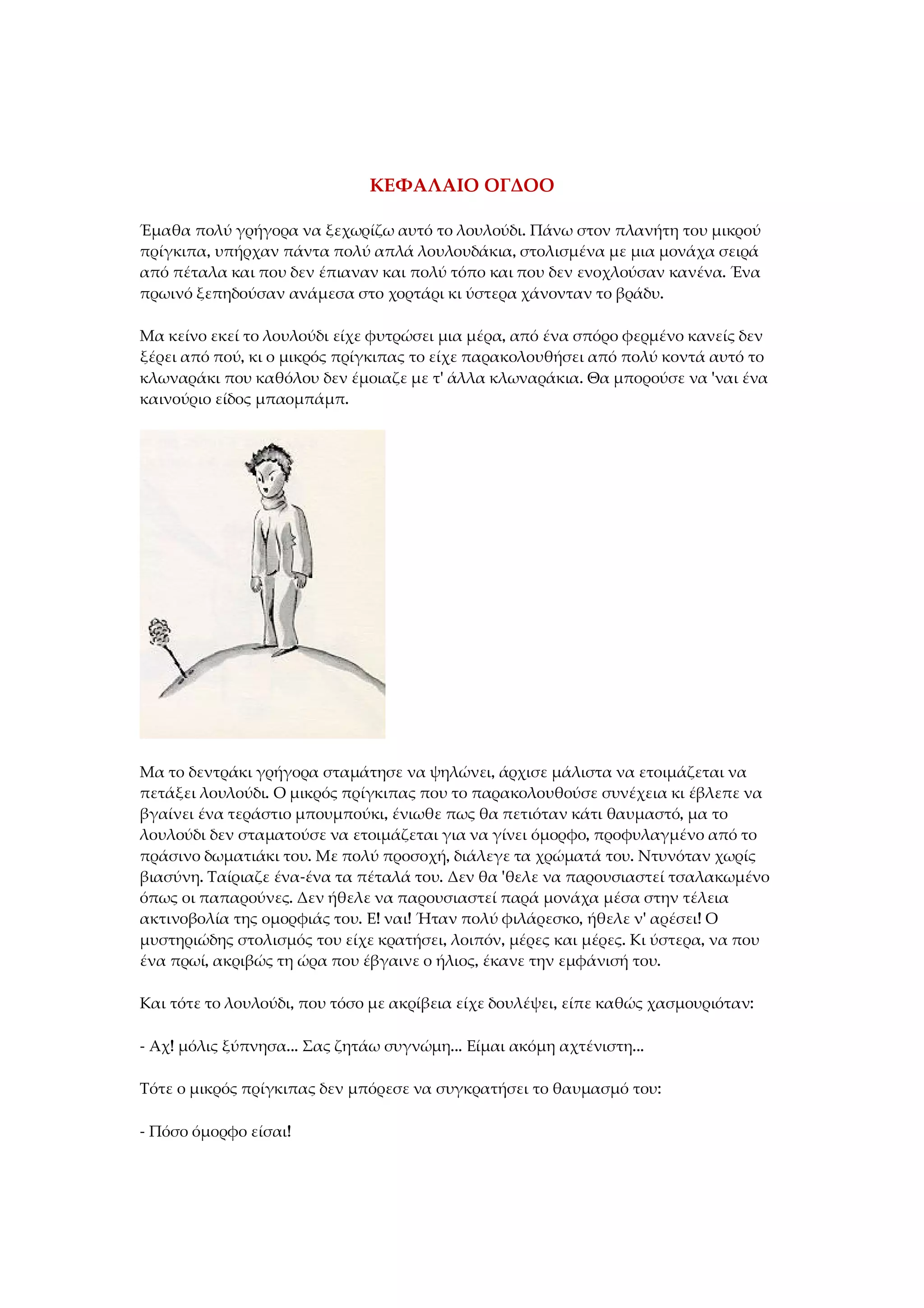 ΚΕΦΑΛΑΙΟ ΟΓΔΟΟ
Έμαθα πολύ γρήγορα να ξεχωρίζω αυτό το λουλούδι. Πάνω στον πλανήτη του μικρού
πρίγκιπα, υπήρχαν πάντα πολύ απλά λουλουδάκια, στολισμένα με μια μονάχα σειρά
από πέταλα και που δεν έπιαναν και πολύ τόπο και που δεν ενοχλούσαν κανένα. Ένα
πρωινό ξεπηδούσαν ανάμεσα στο χορτάρι κι ύστερα χάνονταν το βράδυ.
Μα κείνο εκεί το λουλούδι είχε φυτρώσει μια μέρα, από ένα σπόρο φερμένο κανείς δεν
ξέρει από πού, κι ο μικρός πρίγκιπας το είχε παρακολουθήσει από πολύ κοντά αυτό το
κλωναράκι που καθόλου δεν έμοιαζε με τ' άλλα κλωναράκια. Θα μπορούσε να 'ναι ένα
καινούριο είδος μπαομπάμπ.
Μα το δεντράκι γρήγορα σταμάτησε να ψηλώνει, άρχισε μάλιστα να ετοιμάζεται να
πετάξει λουλούδι. Ο μικρός πρίγκιπας που το παρακολουθούσε συνέχεια κι έβλεπε να
βγαίνει ένα τεράστιο μπουμπούκι, ένιωθε πως θα πετιόταν κάτι θαυμαστό, μα το
λουλούδι δεν σταματούσε να ετοιμάζεται για να γίνει όμορφο, προφυλαγμένο από το
πράσινο δωματιάκι του. Με πολύ προσοχή, διάλεγε τα χρώματά του. Ντυνόταν χωρίς
βιασύνη. Ταίριαζε ένα-ένα τα πέταλά του. Δεν θα 'θελε να παρουσιαστεί τσαλακωμένο
όπως οι παπαρούνες. Δεν ήθελε να παρουσιαστεί παρά μονάχα μέσα στην τέλεια
ακτινοβολία της ομορφιάς του. Ε! ναι! Ήταν πολύ φιλάρεσκο, ήθελε ν' αρέσει! Ο
μυστηριώδης στολισμός του είχε κρατήσει, λοιπόν, μέρες και μέρες. Κι ύστερα, να που
ένα πρωί, ακριβώς τη ώρα που έβγαινε ο ήλιος, έκανε την εμφάνισή του.
Και τότε το λουλούδι, που τόσο με ακρίβεια είχε δουλέψει, είπε καθώς χασμουριόταν:
- Αχ! μόλις ξύπνησα... Σας ζητάω συγνώμη... Είμαι ακόμη αχτένιστη...
Τότε ο μικρός πρίγκιπας δεν μπόρεσε να συγκρατήσει το θαυμασμό του:
- Πόσο όμορφο είσαι!
 