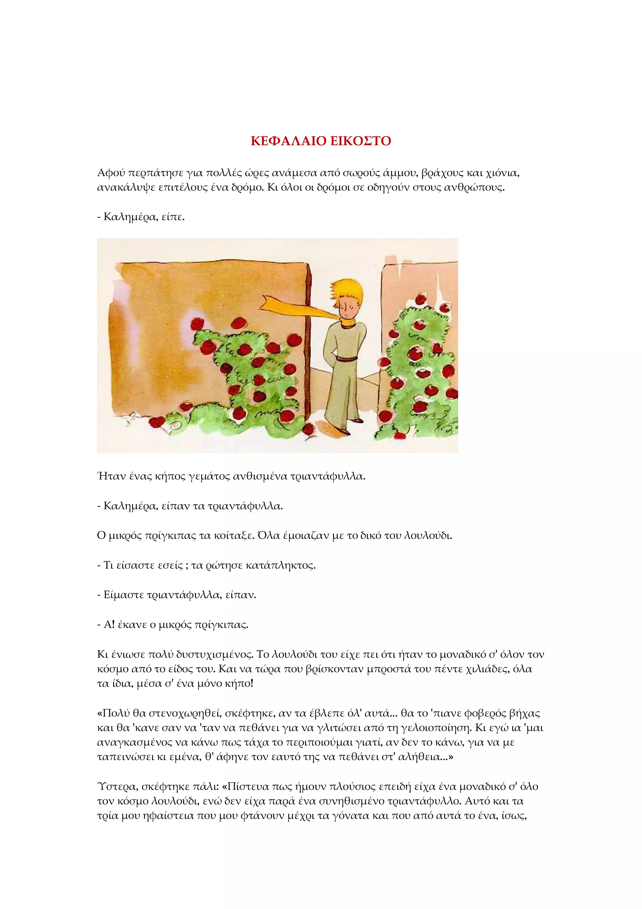 ΚΕΦΑΛΑΙΟ ΕΙΚΟΣΤΟ
Αφού περπάτησε για πολλές ώρες ανάμεσα από σωρούς άμμου, βράχους και χιόνια,
ανακάλυψε επιτέλους ένα δρόμο. Κι όλοι οι δρόμοι σε οδηγούν στους ανθρώπους.
- Καλημέρα, είπε.
Ήταν ένας κήπος γεμάτος ανθισμένα τριαντάφυλλα.
- Καλημέρα, είπαν τα τριαντάφυλλα.
Ο μικρός πρίγκιπας τα κοίταξε. Όλα έμοιαζαν με το δικό του λουλούδι.
- Τι είσαστε εσείς ; τα ρώτησε κατάπληκτος.
- Είμαστε τριαντάφυλλα, είπαν.
- Α! έκανε ο μικρός πρίγκιπας.
Κι ένιωσε πολύ δυστυχισμένος. Το λουλούδι του είχε πει ότι ήταν το μοναδικό σ' όλον τον
κόσμο από το είδος του. Και να τώρα που βρίσκονταν μπροστά του πέντε χιλιάδες, όλα
τα ίδια, μέσα σ' ένα μόνο κήπο!
«Πολύ θα στενοχωρηθεί, σκέφτηκε, αν τα έβλεπε όλ' αυτά... θα το 'πιανε φοβερός βήχας
και θα 'κανε σαν να 'ταν να πεθάνει για να γλιτώσει από τη γελοιοποίηση. Κι εγώ ια 'μαι
αναγκασμένος να κάνω πως τάχα το περιποιούμαι γιατί, αν δεν το κάνω, για να με
ταπεινώσει κι εμένα, θ' άφηνε τον εαυτό της να πεθάνει στ' αλήθεια...»
Ύστερα, σκέφτηκε πάλι: «Πίστευα πως ήμουν πλούσιος επειδή είχα ένα μοναδικό σ' όλο
τον κόσμο λουλούδι, ενώ δεν είχα παρά ένα συνηθισμένο τριαντάφυλλο. Αυτό και τα
τρία μου ηφαίστεια που μου φτάνουν μέχρι τα γόνατα και που από αυτά το ένα, ίσως,
 