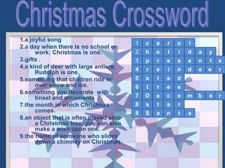 1.a joyful song
2.a day when there is no school or
work; Christmas is one.
3.gifts .
4.a kind of deer with large antlers;
Rudolph is one.
5.something that children ride in
over snow and ice.
6.something you decorate with
tinsel and ornaments .
7.the month in which Christmas
comes.
8.an object that is often played atop
a Christmas tree; you can also
make a wish upon one.
9.the name of someone who slides
down a chimney on Christmas.
6
5
4
c1 a r o l
2 i dloh a y
3 p r e s e tn s
4 d e e rnier
5 s l e d
6 t er e
7 D e c e m b e r
8 s at r
9 S a n t a
 