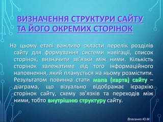 ВИЗНАЧЕННЯ СТРУКТУРИ САЙТУ
ТА ЙОГО ОКРЕМИХ СТОРІНОК
На цьому етапі важливо скласти перелік розділів
сайту для формування системи навігації, список
сторінок, визначити зв’язки між ними. Кількість
сторінок залежатиме від того інформаційного
наповнення, який планується на ньому розмістити.
Результатом повинна стати мапа (карта) сайту –
діаграма, що візуально відображає ієрархію
сторінок сайту, схему зв’язків та переходів між
ними, тобто внутрішню структуру сайту.
Власенко Ю.М.
 