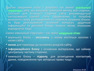 Другим завданням етапу є розробка так званої зовнішньої
структури сайту, яка визначає зовнішній вигляд веб-сторінок.
Оскільки для більшості сторінок сайту рекомендується
застосовувати єдиний стиль оформлення, то потрібно
визначити схему розташування на сторінках основних блоків:
як буде розташований основний матеріал, додаткові
інформаційні та рекламні блоки, анонси, меню, лічильник
відвідувачів тощо.
Схема зовнішньої структури – так звана модульна сітка:
• верхнього блоку – заголовку, у якому містяться логотип і
назва сайту;
• меню для переходу до основних розділів сайту;
• інформаційного блоку з основним матеріалом, що займає
центральну частину сторінки;
• нижнього блоку – підвалу, для розміщення контактних
даних, повідомлення про авторські права тощо.
Власенко Ю.М.
 
