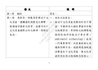 10
條 文 說 明
第一章 總則 章名。
第一條 為保存、保護及管理水下文
化資產，建構國民與歷史之聯繫，
發揚海洋國家之特質，並遵守水下
文化資產國際公約之精神，特制定
本法。
一、本法立法意旨。
二、按水下文化資產長期位於水下環
境，不僅保存人類從事海洋活動
之相關資訊，其特殊之地理環境
與保存條件亦使水下考古學（
underwater archaeology）成為
一門專業學問，而需要特殊之保
護與管理方法。我國周邊海域蘊
涵豐富水下文化資產，惟文化資
產保存法係以陸域概念為核心，
行
政
院
行
政
院
第
3463次
院
會
會
議
19522718097DB069
 