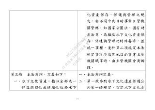 13
化資產保存、保護與管理之規
定，由不同中央目的事業主管機
關管轄，如國家公園法、國有財
產法等，為顧及水下文化資產保
存、保護與管理之特殊要求，並
統一事權，爰於第二項規定本法
所定事項涉及其他目的事業主管
機關職掌時，由主管機關會商辦
理。
第三條 本法用詞，定義如下：
一、水下文化資產：指以全部或一
部且週期性或連續性位於水下
一、本法用詞定義。
二、第一款參酌水下文化遺產保護公
約第一條規定，訂定水下文化資
行
政
院
行
政
院
第
3463次
院
會
會
議
19522718097DB069
 