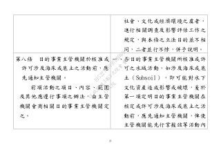 21
社會、文化或經濟環境之虞者，
進行相關調查及影響評估工作之
規定，與本條之立法目的並不相
同，二者並行不悖，併予說明。
第八條 目的事業主管機關於核准或
許可涉及海床或底土之活動前，應
先通知主管機關。
前項活動之項目、內容、範圍
及其他應遵行事項之辦法，由主管
機關會商相關目的事業主管機關定
之。
一、各目的事業主管機關所核准或許
可之水域活動，如涉及海床或底
土（Subsoil），即可能對水下
文化資產造成影響或破壞，爰於
第一項定明目的事業主管機關在
核定或許可涉及海床或底土之活
動前，應先通知主管機關，俾使
主管機關能先行掌握該等活動內
行
政
院
行
政
院
第
3463次
院
會
會
議
19522718097DB069
 