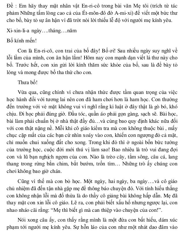 Đề : Em hãy thay mặt nhân vật En-ri-cô trong bài văn Mẹ tôi (trích từ tác
phảm Những tấm lòng cao cả của Ét-môn-đô đờ A-mi...