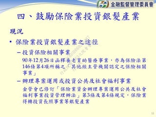 四、鼓勵保險業投資銀髮產業
現況
• 保險業投資銀髮產業之途徑
– 投資保險相關事業
90年12月26日函釋養老育幼醫療事業，亦為保險法第
146條第4項所稱之「其他經主管機關認定之保險相關
事業」
– 辦理專案運用或投資公共及社會福利事業
金管會已修訂「保險業資金辦理專案運用公共及社會
福利事業投資管理辦法」第3條及第4條規定，保險業
得轉投資長照事業等銀髮產業
11
行
政
院
行
政
院
第
3463次
院
會
會
議
F5C6D3DD60220487
 