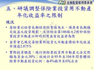 五、研議調整保險業投資用不動產
年化收益率之限制
現況
• 壽險業以經營長期性保險業務為主，須具有長期穩
定收益之投資規劃，及保險法第146條之2對於保險
業投資不動產以即時利用並有收益者為限
• 金管會已規定壽險業新投資之不動產標的年化收益
率須達2.875%
• 實際投資額度：現行保險業投資用不動產之法定限
額為資金之30%；經統計自95年至104年間整體保
險業不動產投資比例，由4%提升至6％左右
13
行
政
院
行
政
院
第
3463次
院
會
會
議
F5C6D3DD60220487
 