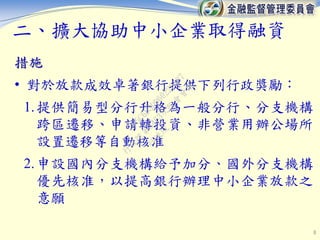 8
措施
• 對於放款成效卓著銀行提供下列行政獎勵：
1.提供簡易型分行升格為一般分行、分支機構
跨區遷移、申請轉投資、非營業用辦公場所
設置遷移等自動核准
2.申設國內分支機構給予加分、國外分支機構
優先核准，以提高銀行辦理中小企業放款之
意願
二、擴大協助中小企業取得融資
行
政
院
行
政
院
第
3463次
院
會
會
議
F5C6D3DD60220487
 