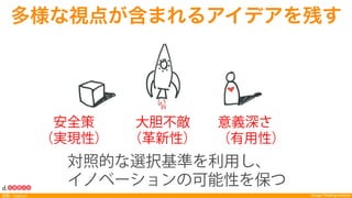 Design Thinking Institute探索：Explore
対照的な選択基準を利用し、
イノベーションの可能性を保つ
 安全策   大胆不敵  意義深さ
（実現性）  （革新性）  （有用性）
多様な視点が含まれるアイデアを残す
 