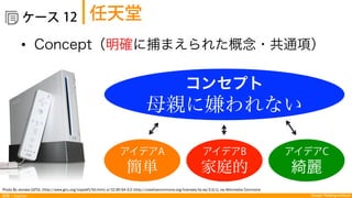 探索：Explore Design Thinking Institute
  ケース 任天堂12
アイデアA
簡単
アイデアB
家庭的
アイデアC
綺麗
コンセプト
母親に嫌われない
•  Concept（明確に捕まえられた概念・共通項）
Photo By Jecowa [GFDL (http://www.gnu.org/copyleft/fdl.html) or CC-BY-SA-3.0 (http://creativecommons.org/licenses/by-sa/3.0/)], via Wikimedia Commons
 
