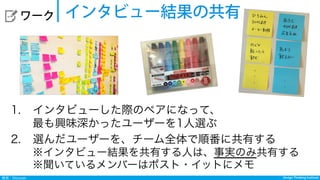 Design Thinking InstituteDesign Thinking Institute発見：Discover
  ワーク インタビュー結果の共有
1.  インタビューした際のペアになって、
最も興味深かったユーザーを1人選ぶ
2.  選んだユーザーを、チーム全体で順番に共有する
※インタビュー結果を共有する人は、事実のみ共有する
※聞いているメンバーはポスト・イットにメモ
 