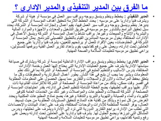 ‫اإلدار‬ ‫والمدير‬ ‫التنفيذي‬ ‫المدير‬ ‫بين‬ ‫الفرق‬ ‫ما‬‫؟‬ ‫ي‬
•‫التنفيذي‬ ‫المدير‬:‫ش‬ ‫أو‬ ‫هيئة‬ ‫أو‬ ‫مؤسسة‬ ‫في‬ ‫العمل‬ ‫سير‬ ‫ويراقب‬ ‫ويوجه‬ ‫وينسق‬ ‫وينظم‬ ‫يخطط‬‫ركة‬
‫مرءوسيه‬ ‫على‬ ‫وإداريا‬ ‫فنيا‬ ‫ويشرف‬:‫الشركة‬ ‫أو‬ ‫المؤسسة‬ ‫أهداف‬ ‫لتحقيق‬ ‫الالزمة‬ ‫الخطط‬ ‫يحدد‬‫التي‬
‫يديرها‬.‫الش‬ ‫أو‬ ‫المؤسسة‬ ‫وإنجازات‬ ‫أعمال‬ ‫يقيم‬ ،‫فيها‬ ‫العمل‬ ‫سير‬ ‫ويراقب‬ ‫ويوجه‬ ‫وينسق‬ ‫ينظم‬‫يحدد‬ ،‫ركة‬
‫والموار‬ ‫واألجهزة‬ ‫والمعدات‬ ‫التشغيل‬ ‫طريق‬ ‫في‬ ‫مرءوسيه‬ ‫مع‬ ‫بالتشاور‬ ‫البرامج‬ ‫تحقيق‬ ‫سبل‬‫المالية‬ ‫د‬
‫وغيرها‬ ‫والمبيعات‬ ‫واإلنتاج‬ ‫والبشرية‬.‫األع‬ ‫وينسق‬ ‫الشركة‬ ‫أو‬ ‫المؤسسة‬ ‫وأعمال‬ ‫نشاط‬ ‫يراقب‬‫في‬ ‫مال‬
‫للبرنامج‬ ‫التفصيلي‬ ‫بالتطبيق‬ ‫القيام‬ ‫المباشرين‬ ‫مرءوسيه‬ ‫يخول‬ ،‫المختلفة‬ ‫اإلدارات‬.‫ي‬‫أو‬ ‫المؤسسة‬ ‫مثل‬
‫ع‬ ‫وإداريا‬ ‫فنيا‬ ‫يشرف‬ ،‫للتعيين‬ ‫يرشحهم‬ ‫أو‬ ‫للعمل‬ ‫األفراد‬ ‫يعين‬ ،‫المفاوضات‬ ‫في‬ ‫الشركة‬‫جميع‬ ‫لى‬
‫ويرفع‬ ‫الفنية‬ ‫العمل‬ ‫تقارير‬ ‫بإعداد‬ ‫يقوم‬ ،‫كفاءتهم‬ ‫رفع‬ ‫على‬ ‫ويعمل‬ ،‫إدارته‬ ‫تحت‬ ‫العاملين‬،‫للمسئولين‬ ‫ها‬
‫المهنية‬ ‫والصحة‬ ‫السالمة‬ ‫لتعليمات‬ ‫مرءوسيه‬ ‫تطبيق‬ ‫يراعي‬.
•
•‫االداري‬ ‫المدير‬:‫يخطط‬‫ص‬ ‫في‬ ‫ويشارك‬ ‫شركة‬ ‫أو‬ ‫لمؤسسة‬ ‫الداخلية‬ ‫اإلدارة‬ ‫ويراقب‬ ‫وينسق‬ ‫وينظم‬‫ياغة‬
‫اإلدارات‬ ‫وخدمة‬ ‫العمل‬ ‫إليها‬ ‫يحتاج‬ ‫التي‬ ‫اإلدارية‬ ‫العمليات‬ ‫جميع‬ ‫على‬ ‫يشرف‬ ‫اإلدارية‬ ‫سياستها‬
‫ذ‬ ‫في‬ ‫بما‬ ‫الشركة‬ ‫أو‬ ‫المصلحة‬ ‫أو‬ ‫المؤسسة‬ ‫في‬ ‫المتبع‬ ‫والتنظيم‬ ‫األساليب‬ ‫يدرس‬ ،‫المختلفة‬‫نظم‬ ‫لك‬
‫الشأن‬ ‫هذا‬ ‫في‬ ‫يتبع‬ ‫أن‬ ‫يجب‬ ‫بما‬ ‫ويشير‬ ‫المعلومات‬.‫وك‬ ‫والمحفوظات‬ ‫السكرتارية‬ ‫أعمال‬ ‫يطور‬‫ما‬ ‫ل‬
‫ا‬ ‫المعلومات‬ ‫على‬ ‫الحصول‬ ‫يسهل‬ ‫مما‬ ‫والتقارير‬ ‫والسجالت‬ ‫واألوراق‬ ‫المراسالت‬ ‫بحفظ‬ ‫يتعلق‬‫لمطلوبة‬
‫القانونية‬ ‫لاللتزامات‬ ‫الشركة‬ ‫أو‬ ‫المصلحة‬ ‫أو‬ ‫المؤسسة‬ ‫مراعاة‬ ‫من‬ ‫يتأكد‬ ،‫ممكن‬ ‫وقت‬ ‫أقصر‬ ‫في‬‫ذات‬
‫احتياج‬ ‫يقدر‬ ،‫إدارته‬ ‫في‬ ‫العمل‬ ‫لتنظيم‬ ‫الشاملة‬ ‫الخطة‬ ‫يضع‬ ،‫تطبيقها‬ ‫ويراقب‬ ‫عليها‬ ‫األثر‬‫أو‬ ‫المؤسسة‬ ‫ات‬
‫كتوفير‬ ‫العامة‬ ‫الخدمات‬ ‫من‬ ‫ذلك‬ ‫وغير‬ ‫والمواصالت‬ ‫والمطبوعات‬ ‫للسجالت‬ ‫الشركة‬ ‫أو‬ ‫المصلحة‬
‫الم‬ ‫المطبوعات‬ ‫نماذج‬ ‫يضع‬ ،‫وغيرها‬ ‫والتدفئة‬ ‫والتبريد‬ ‫والتهوية‬ ‫والصيانة‬ ‫والماء‬ ‫الكهرباء‬‫ويحدد‬ ‫كتبية‬
‫ت‬ ‫حيث‬ ‫من‬ ‫المطلوبة‬ ‫المستويات‬ ‫لتحقيق‬ ‫النماذج‬ ‫هذه‬ ‫كفاية‬ ‫من‬ ‫ويتأكد‬ ‫نموذج‬ ‫كل‬ ‫من‬ ‫الغرض‬‫بسيط‬
‫واإلح‬ ‫البيانات‬ ‫إعداد‬ ‫على‬ ‫يشرف‬ ،‫المختلفة‬ ‫والوحدات‬ ‫لإلدارات‬ ‫المنتظمة‬ ‫الخدمة‬ ‫يوفر‬ ،‫العمال‬‫صاءات‬
‫تحليله‬ ‫على‬ ‫ويشرف‬ ‫اإلدارة‬ ‫إلى‬ ‫ترد‬ ‫التي‬ ‫الدورية‬ ‫التقارير‬ ‫يراجع‬ ،‫اإلدارة‬ ‫من‬ ‫تطلب‬ ‫التي‬‫ويدرس‬ ،‫ا‬
‫لها‬ ‫الحلول‬ ‫ويضع‬ ‫تبرزها‬ ‫التي‬ ‫المشاكل‬.‫وي‬ ‫إدارته‬ ‫تحت‬ ‫العاملين‬ ‫على‬ ‫وإداريا‬ ‫فنيا‬ ‫يشرف‬‫على‬ ‫عمل‬
‫المهنية‬ ‫والصحة‬ ‫السالمة‬ ‫لتعليمات‬ ‫مرءوسيه‬ ‫تطبيق‬ ‫يراعي‬ ،‫كفاءتهم‬ ‫وتنمية‬ ‫رفع‬
 