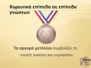 Το αργυρό μετάλλιο συμβολίζει τη
γνώση λυκείου και γυμνασίου.
Χορευτικά επίπεδα σε επίπεδα
γνώσεων
 