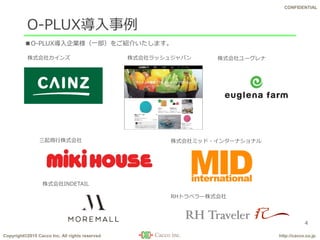 Copyright©2015 Cacco Inc. All rights reserved http://cacco.co.jp
CONFIDENTIAL
O-PLUX導入事例
4
株式会社カインズ 株式会社ラッシュジャパン 株式会社ユーグレナ
三起商行株式会社
株式会社INDETAIL
RHトラベラー株式会社
株式会社ミッド・インターナショナル
■O-PLUX導入企業様（一部）をご紹介いたします。
 