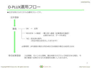 Copyright©2015 Cacco Inc. All rights reserved http://cacco.co.jp
CONFIDENTIAL
O-PLUX運用フロー
7
注文登録
OK → 出荷
NG：別決済を案内
（対応内容はお任せしております）
REVIEW（=保留）：購入者へ連絡（記載理由を確認）
必要があれば、データを修正
必要時間：API接続の場合1件約4秒/CSV接続の場合1000件/10分
入金情報、キャンセル情報、貴社判断でのブラック判定がある場合、今
後の審査へ反映させるため登録をお願いしております。
■注文を受けられてからの運用フローです。
審査
取引結果登録
 