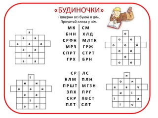 «БУДИНОЧКИ»
Поверни всі букви в дім,
Прочитай слова у нім.
М К С М
Б Н Н Х Л Д
С Р Ф Н М Л Т К
М Р З Г Р Ж
С П Р Т С Т Р Т
Г Р Х Б Р Н
С Р Л С
К Л М П Л Н
П Р Ш Т М Г З Н
З П Х П Р Г
С К Р Х В С Т
П Л Т С Л Т
а
а а
а а а
а а
а
а а
о
о о
о о о
о о
о
о о
і
и и
а а и
а а
і
а а
и
о и
а а у
и і
і а
і о
 